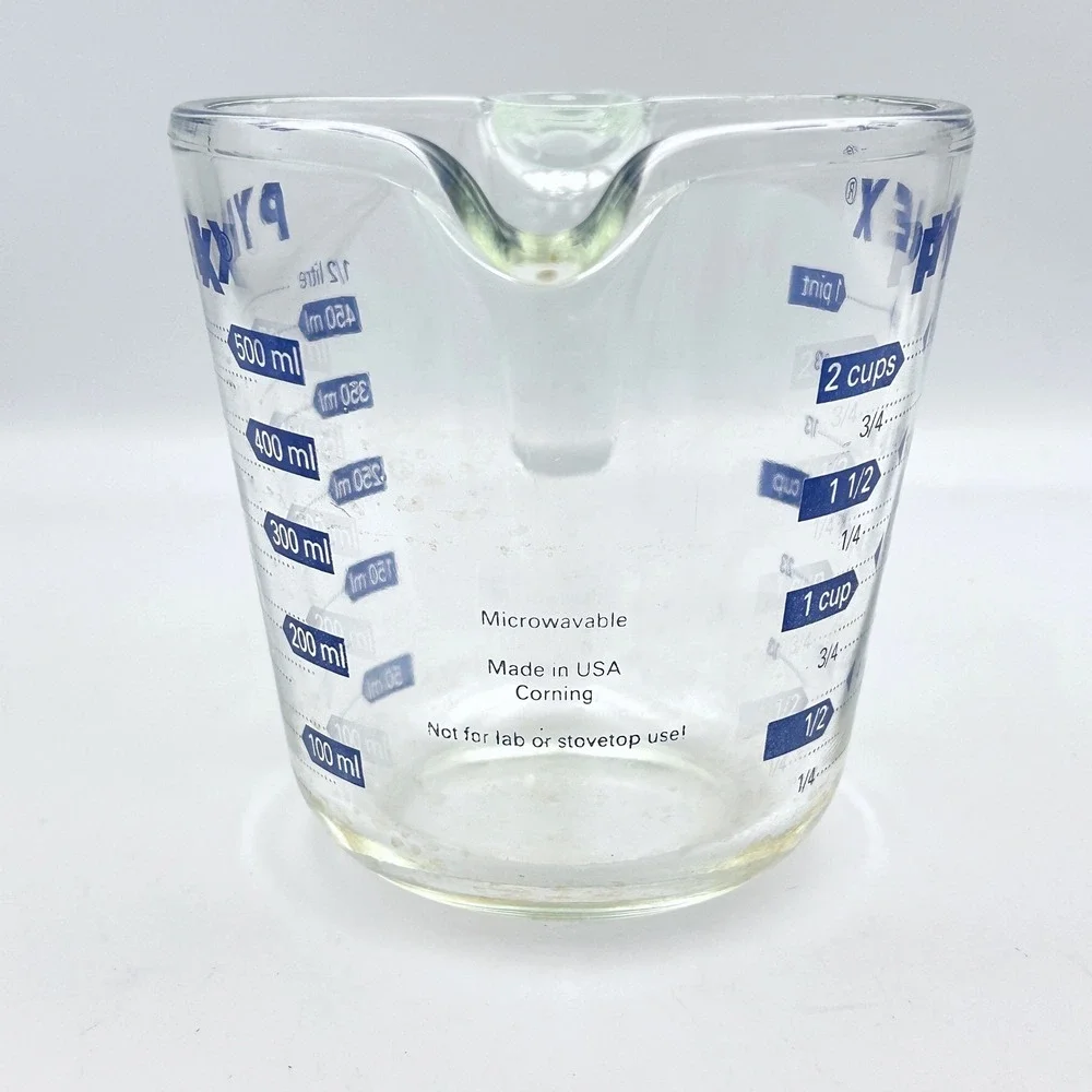 Vintage Pyrex 2 Cup Glass Measuring Cup Clear Blue Letter 1980s Corning USA